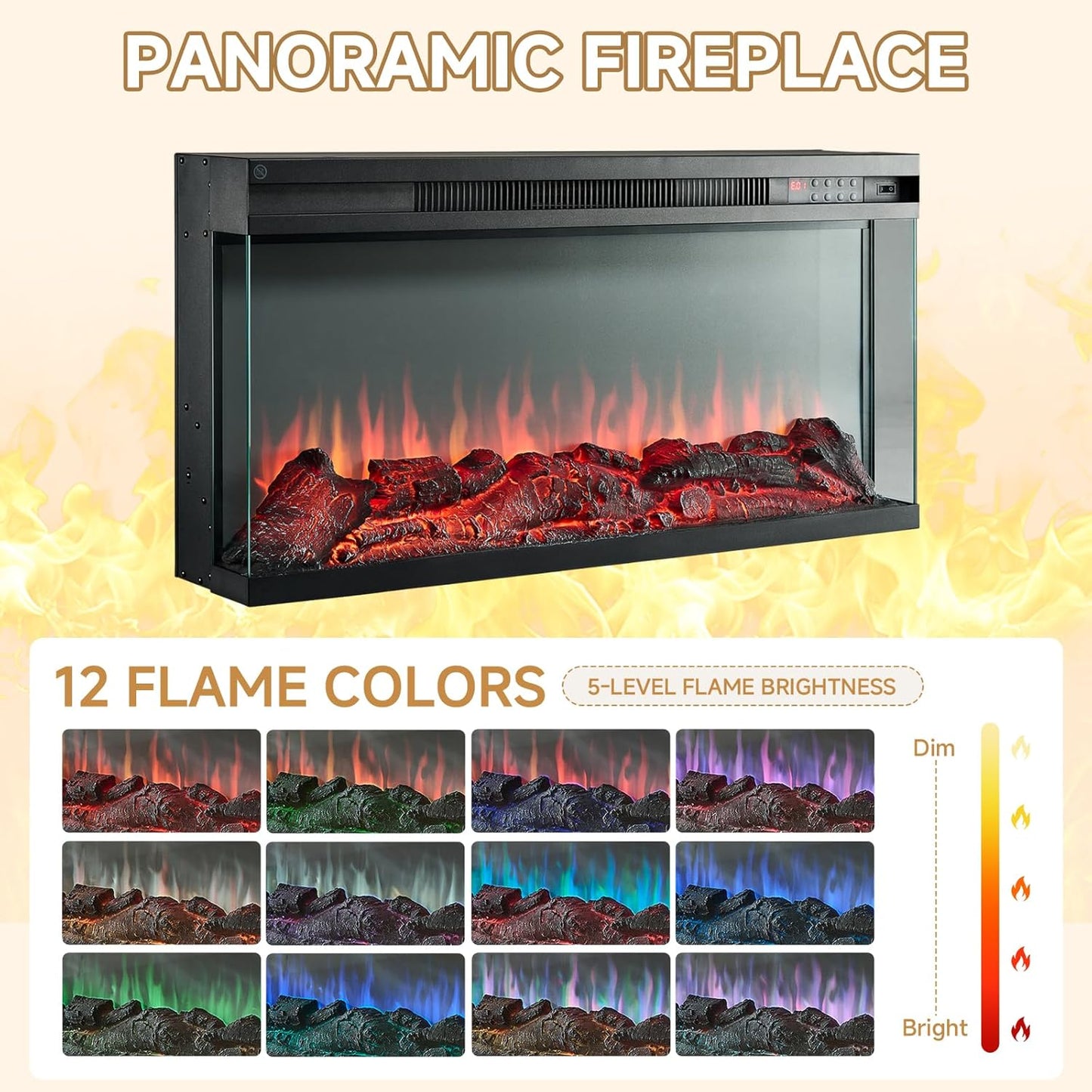 ROCKPOINT 3 Sided Glass 80" Fireplace TV Stand for TVs up to 90",Entertainment Center with Drawers and Glass Door Storage Cabinet for Living Room,36"Electric Fireplace & Adjustable LED Light ,Espresso