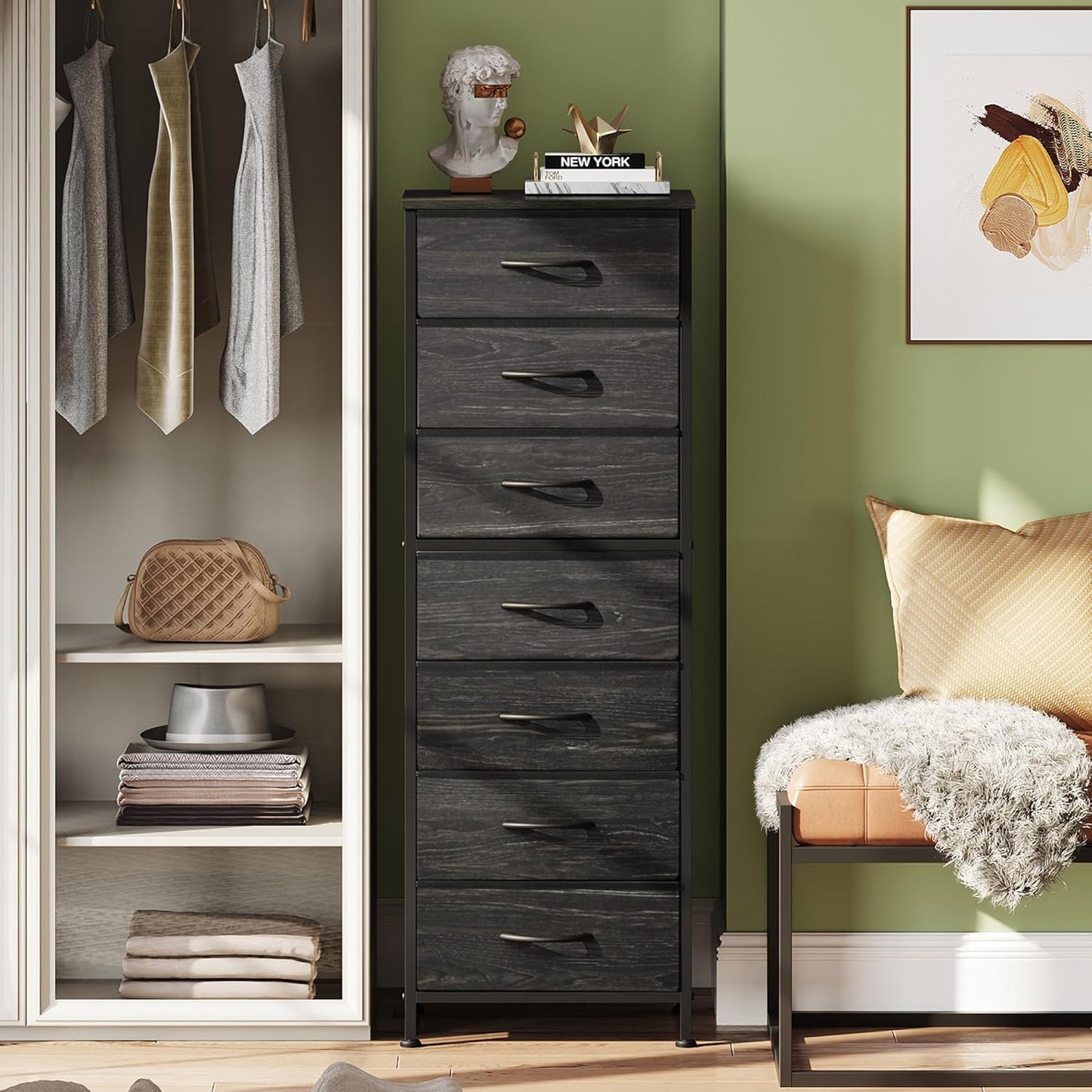 WLIVE Tall Dresser for Bedroom, 7 Drawer Dressers & Chests of Drawers, Fabric Dresser for Closet, Night Stand with Metal Frame, Storage Tower with Fabric Bins, Woodtop, Charcoal Black Wood Grain Print
