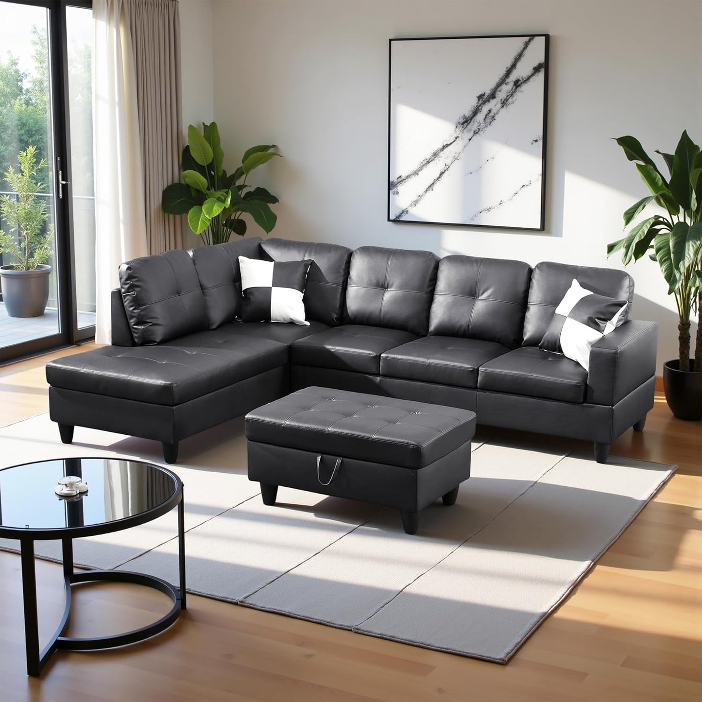 103.5" Oversized Sectional Couch, L Shaped Couch with Storage Ottoman, Modern Modular Sofa with Deep Seat, Sectional Couches for Living Room and Office, Jet Black (Faux Leather)