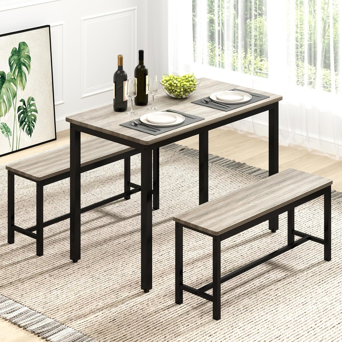 Rovibek Dining Table Set for 4 with 2 Benches – Space-Saving Kitchen Table Set for Kitchen & Dining Room, Grey