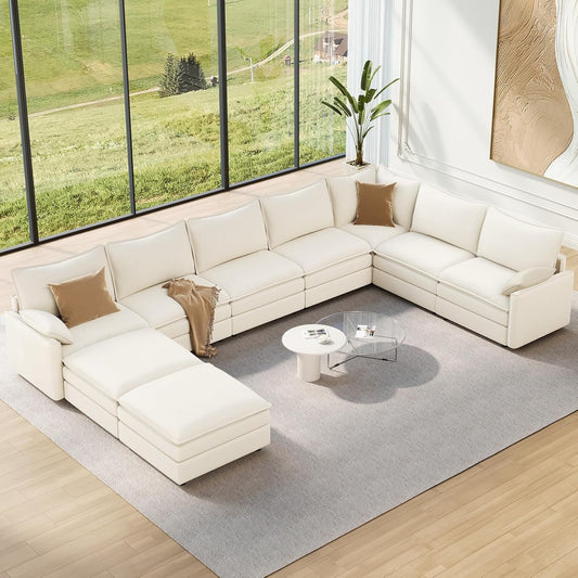 Vesgantti Large Modular Sectional Sofa, Big Comfy Cloud Couch with Ottoman Deep Seat Chenille Cloud Sofa, 9 Seater Large Sectional Couches for Living Room, Bedroom and Apartment, Snow White