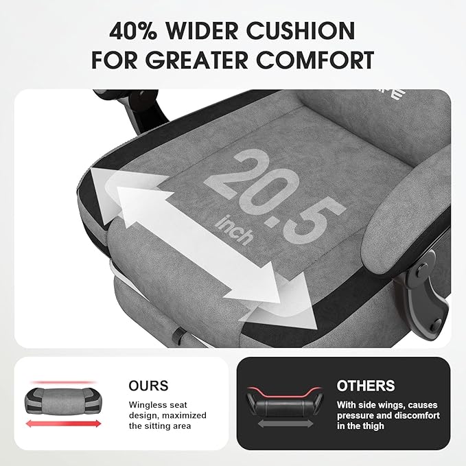 Gaming Chair, Fabric Computer Office Chair with Massage, Ergonomic Chair with Footrest Lumbar Support, Pocket Spring Widened Cushion Metal Legs 350LBS Light Gray