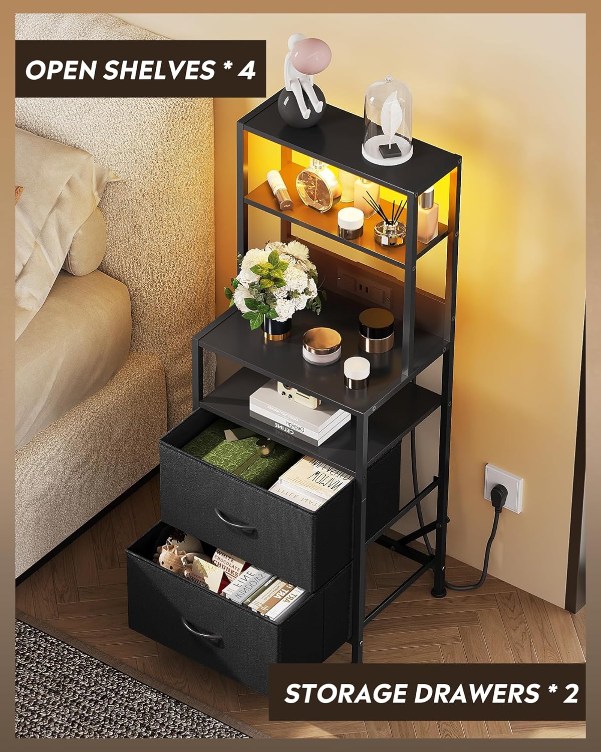 WLIVE Nightstand Set of 2 with Charging Station, LED Night Stand Sets with 2 Drawers and 4 Storage Open Shelves, Fabric Dressers for Bedroom, Black