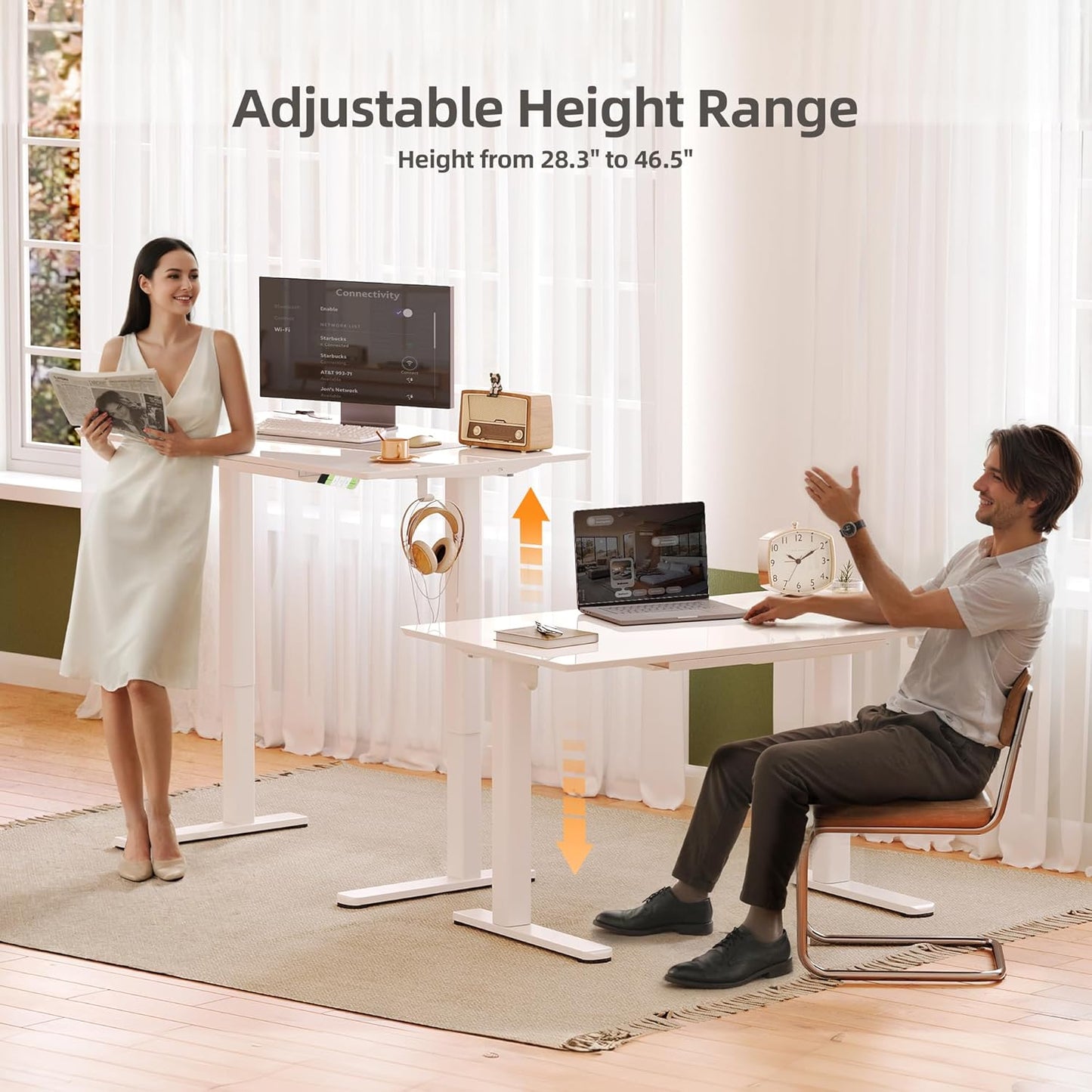 INNOVAR Glass Standing Desk with Drawers, 55×24 Inch Adjustable Stand Up Desk Quick Install Home Office Computer Desk, White