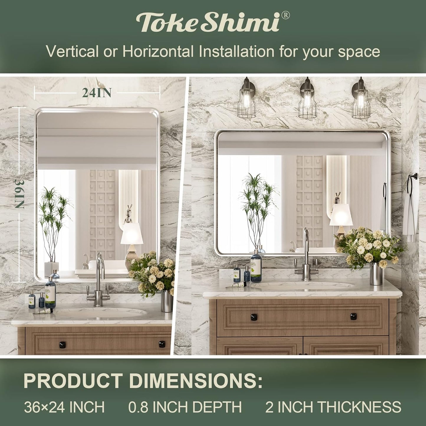 TokeShimi 24 x 36 Inch Brushed Silver Bathroom Mirror for Wall Brushed Brass Metal Rounded Corner Rectangle Mirror Metal Frame Deep Set Design Hangs Horizontal Or Vertical
