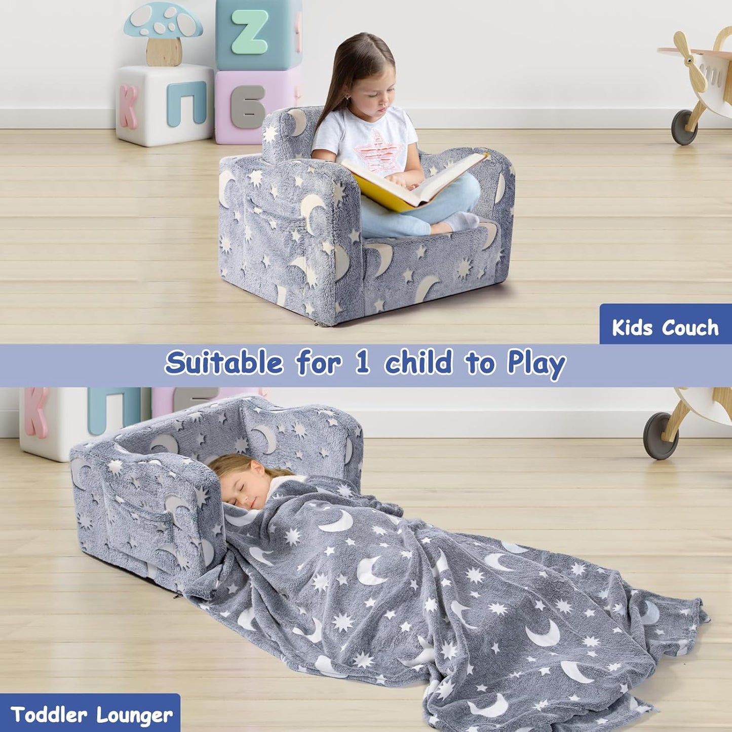 Kids Toddler Chair, 2-in-1 Toddler Couch Fold Out, Convertible Chairs for Toddlers Comfy Sofa to Lounger with Glow in The Dark Feature, Soft for Girls and Boys