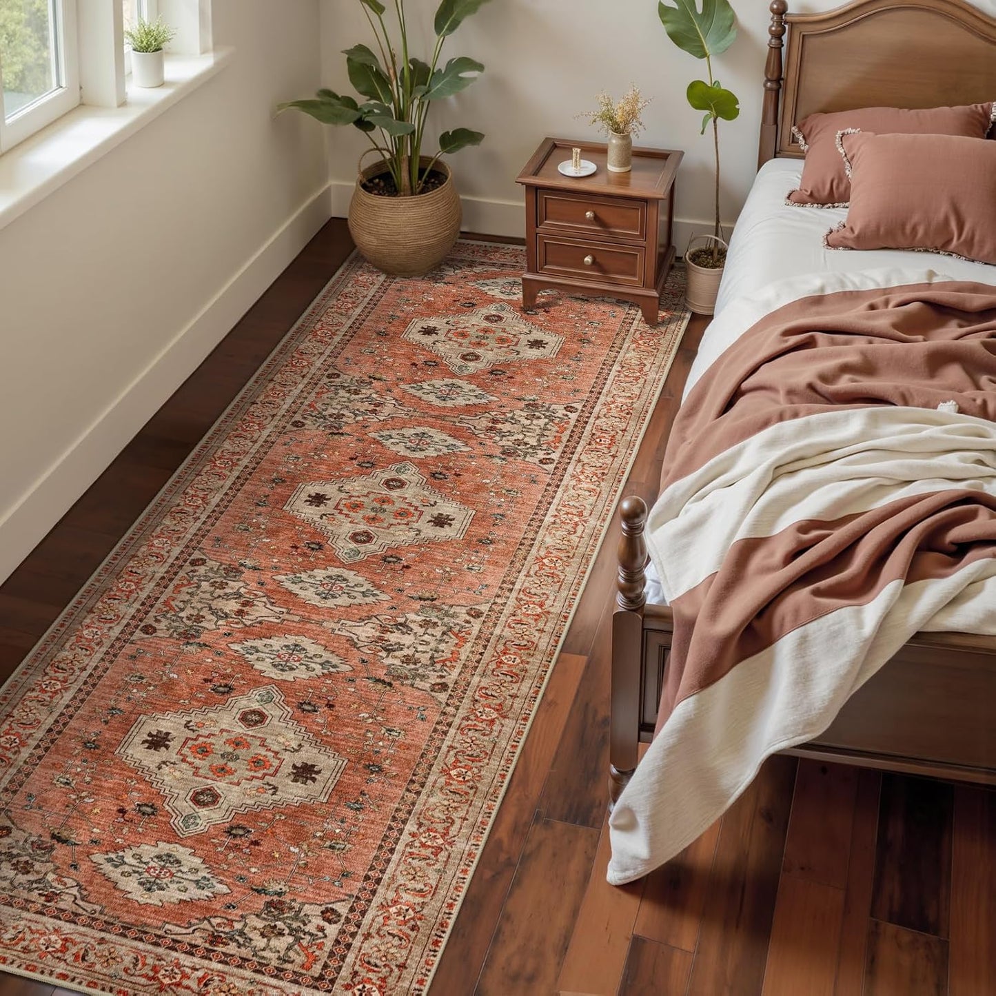 Tangsoo 2.6x8 Washable Runner Rug for Hallways, Non Slip Vintage Runner Rug, Soft Low Pile Long Rug Runner, Print Distressed Terracotta Carpet Runners for Kitchen Bedroom Entryway Bathroom Living Room