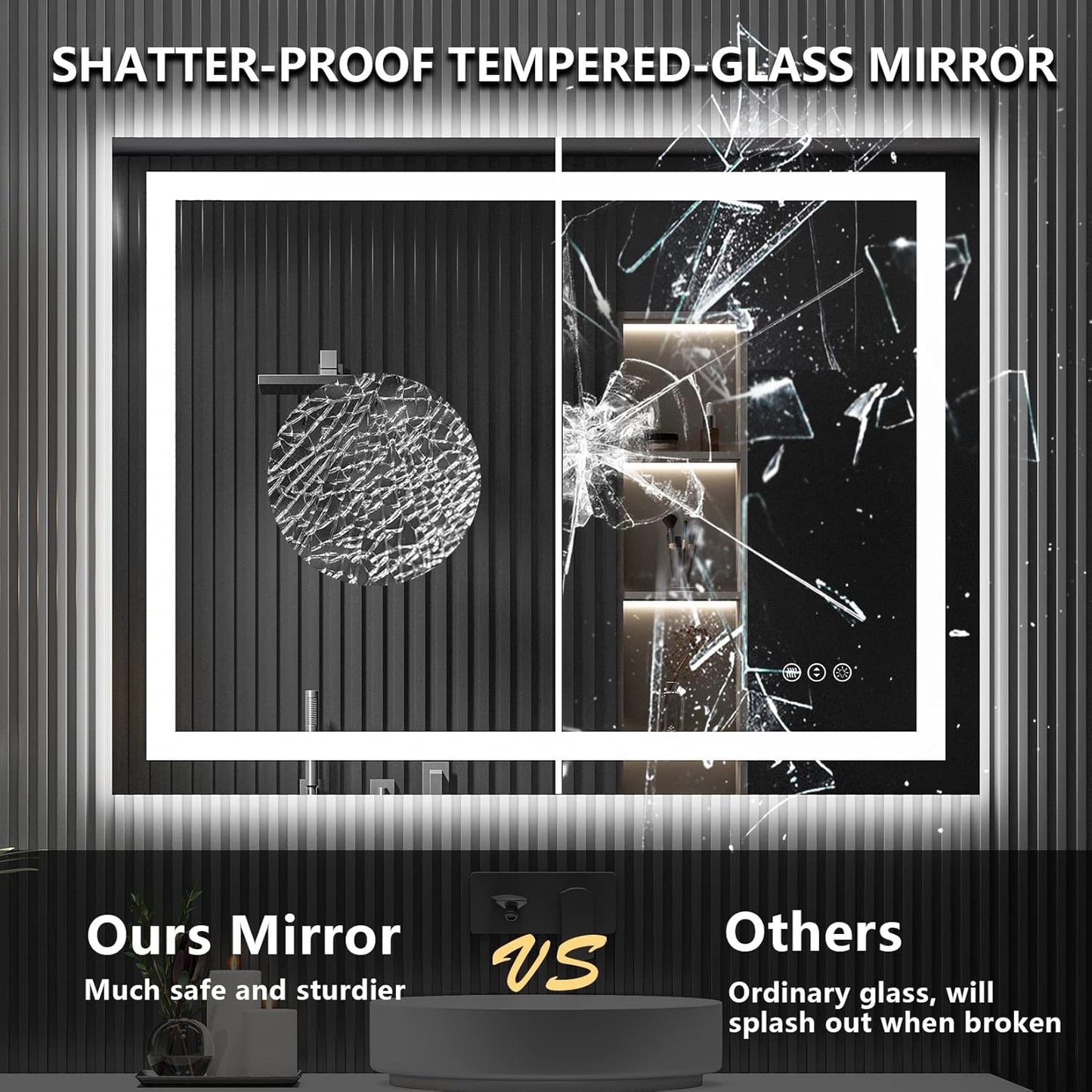 48x36 Inch LED Bathroom Mirror with Lights Front and Backlit Lighted Vanity Mirror for Bathroom Wall with 3 Colors Dimmable Anti-Fog Memory Shatter-Proof IP54 Waterproof Horizontal/Vertical