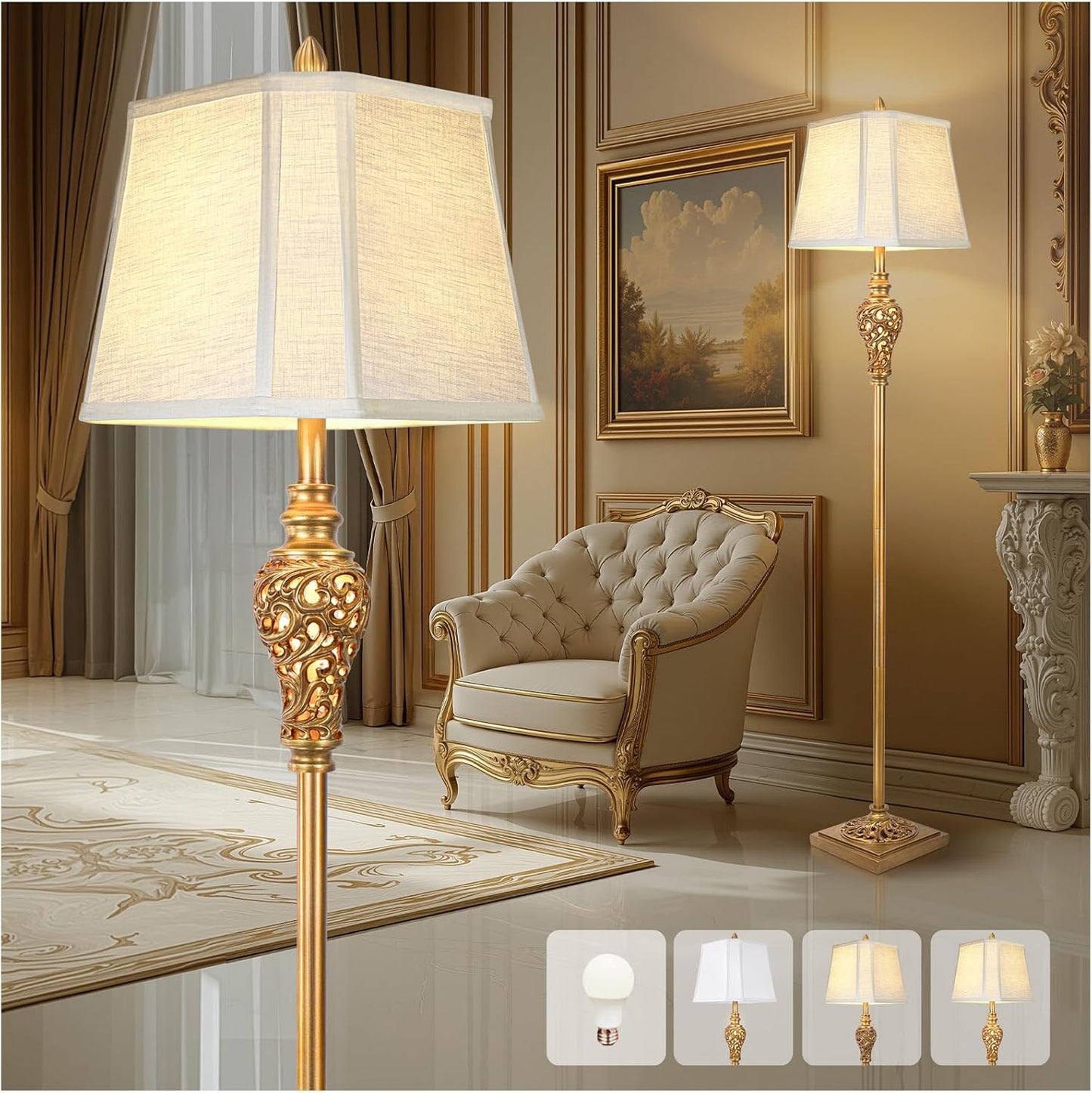 Vintage Farmhouse Floor Lamp with Nightlight, 65" Tall Standing Lamp with White Linen Fabric Shade, Antique Gold Finish, Elegant Reading Corner Light for Living Room, Bedroom, Office (Bulb Included)