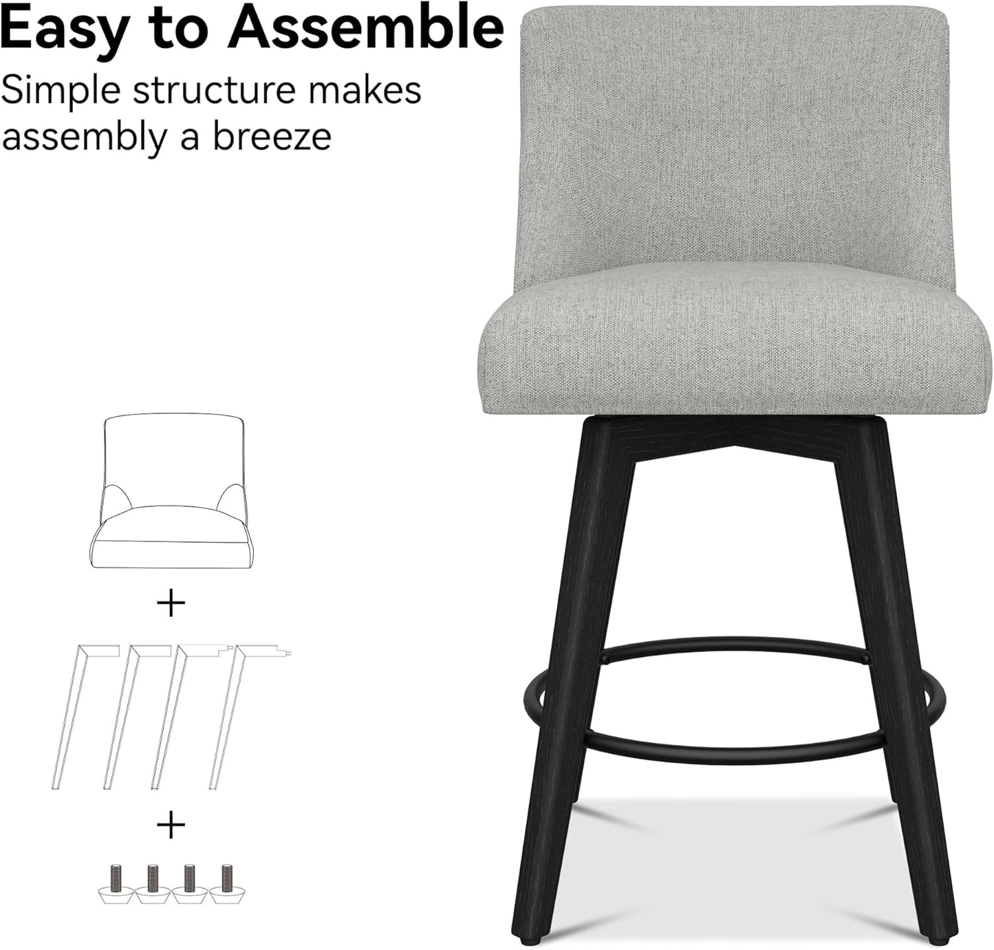 Counter Height Bar Stools Set of 4, Modern Swivel Barstools with Back and Wood Legs, Linen Fabric Upholstered Bar Chairs, 26" H Kitchen Counter Stools, Kitchen Island Home Bar, Light Grey