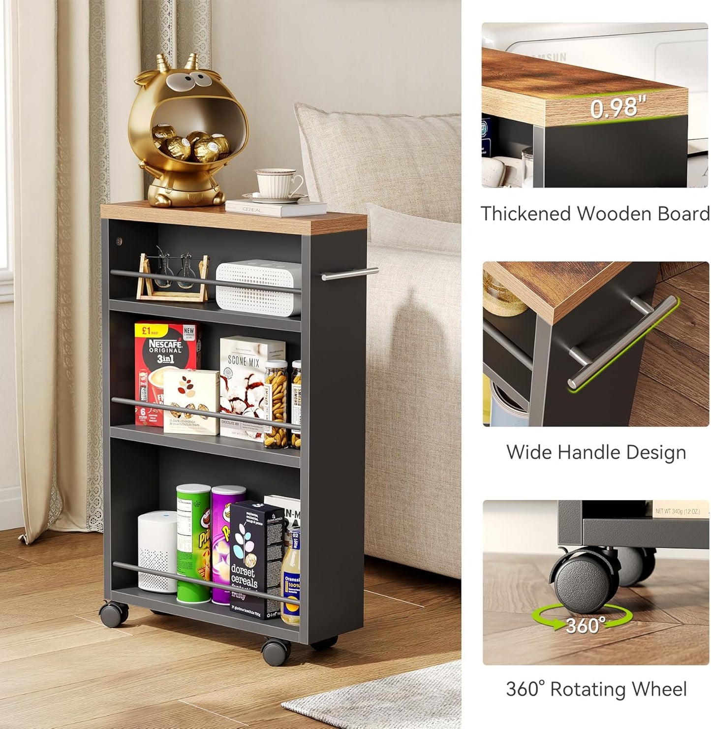 LITTLE TREE Slim Rolling Storage Cart, 3 Tier Snack Cart with Wheels for Kitchen, 6.3 Inch Wide Bathroom Organizer Shelves, Wooden Utility Cart for Laundry Room, Black