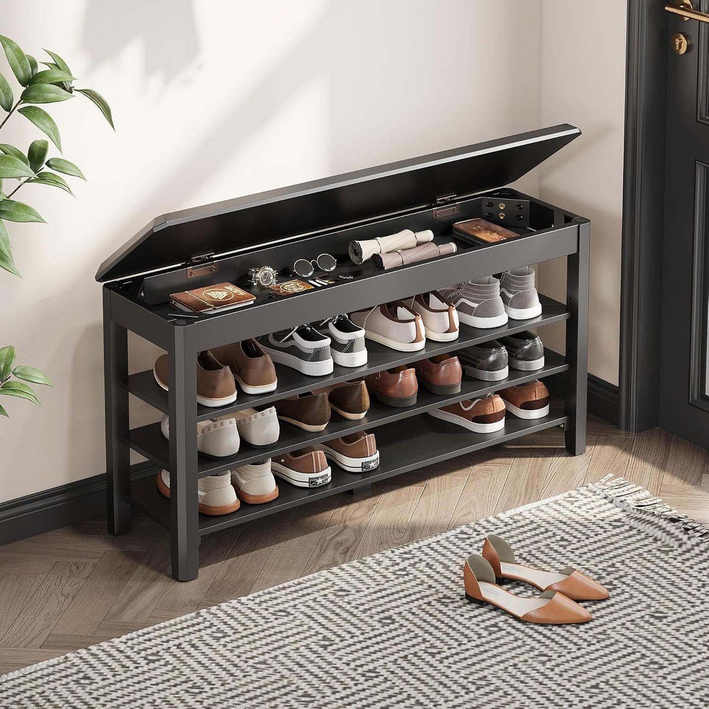 Shoe Rack Bench Seat Rubberwood 3-Tier Wooden Storage Bench 550lbs Compact Mid-Century Modern Design for Entryway, Hallway, Closet, Front Door Entrance, Foyer