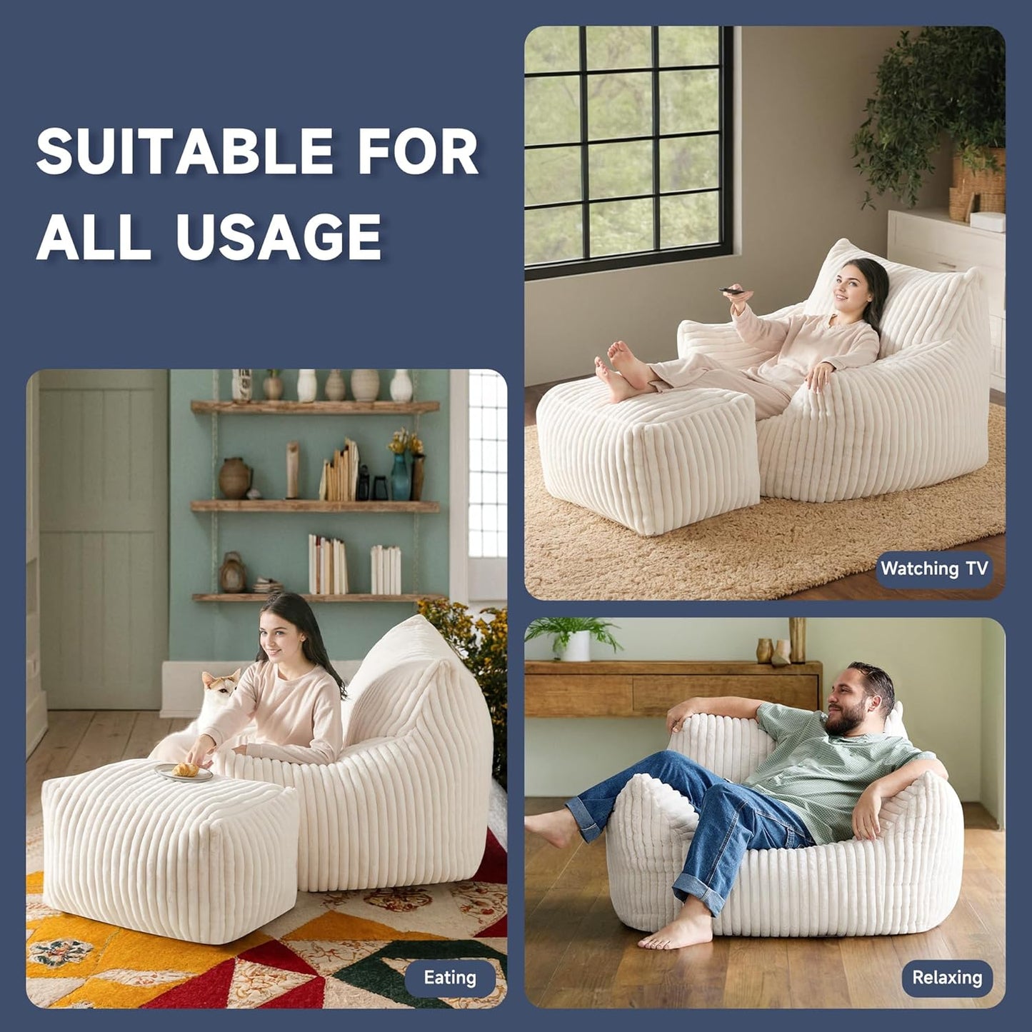 Giant Bean Bag Chairs for Adults, Oversized Chaise Lounge Chair Indoor with Memory Foam - Plush Boneless Lounger & Ottoman for Bedroom, Living Room, Gaming & Reading, Lazy Floor Sofa Chair, Beige