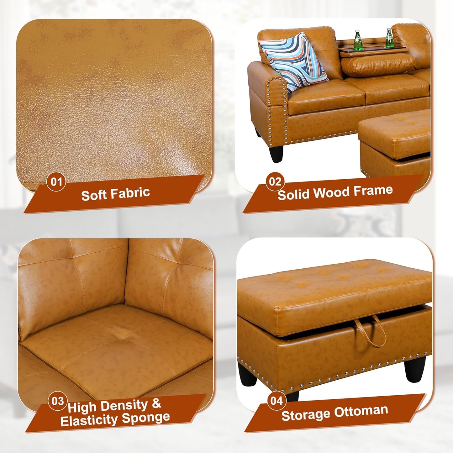 Osparple L Shaped Couch PU Leather Sectional Couch Upholstered 3 Pieces Sofas for Living Room with Chaise, Ottoman with Storage for Office and Small Apartment, Ginger