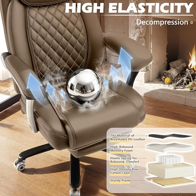 600LBS Reclining Heavy Duty Office Chair with Foot Rest, Big and Tall Office Chair with Pocket Spring Cushion, Large High Back with Adjustable Lumbar Support,Dual Rubber Wheel