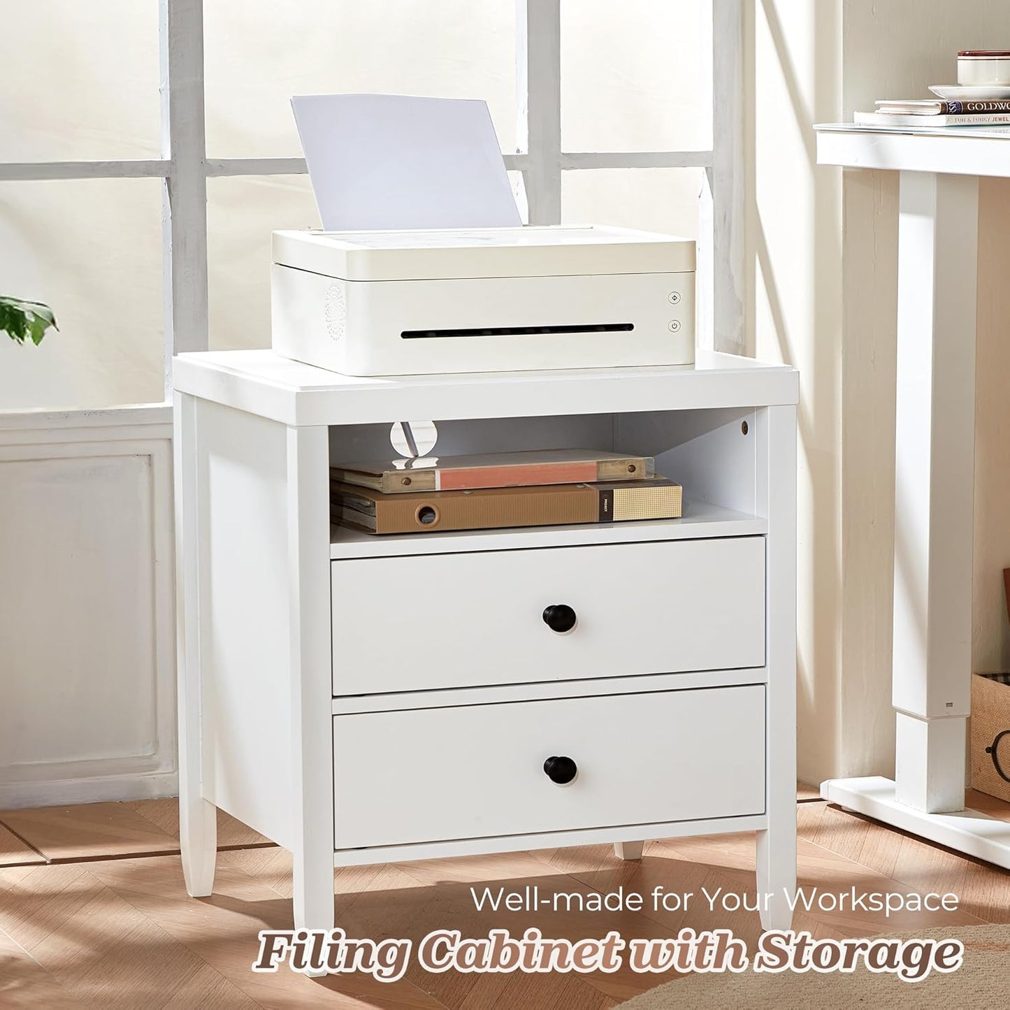 Huuger White Nightstand Set of 2, Night Stand with Charger Station, Bedside Table with 2 Drawers, Bed Side Tables for Bedroom, Modern Nightstands, Metal Knobs, Painted Surface