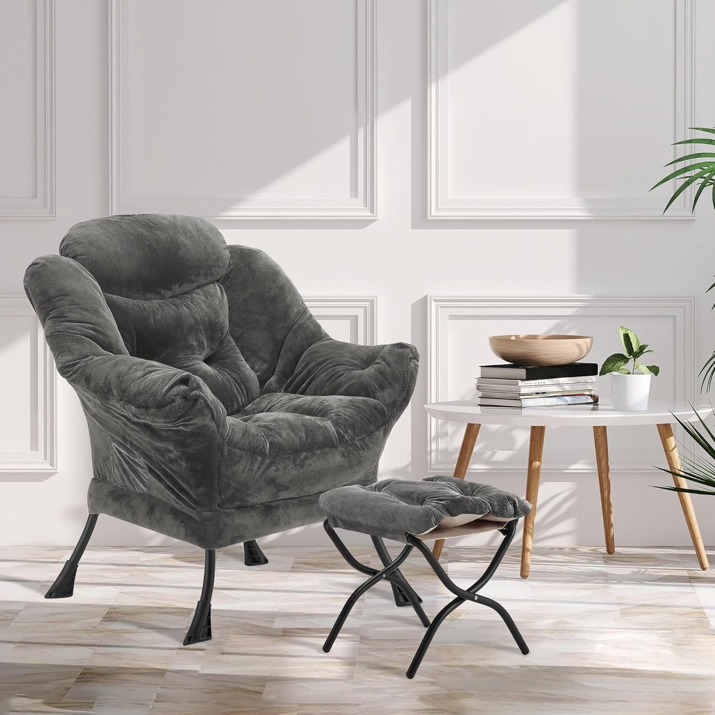 Fabric Lazy Chair with Ottoman, Oversized Upholstered Sofa Chair for Adults, Plush Comfy Lounge Chair with Large Side Storage Pocket, Reading Chair for Living Room, Bedroom, Office, Dark Gray