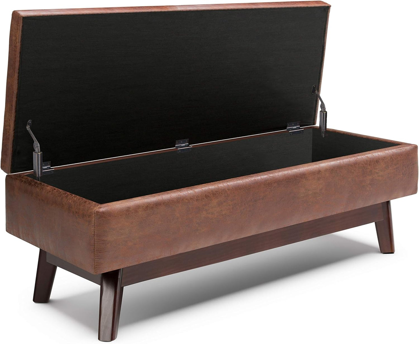 SIMPLIHOME Owen 48 inch Wide Mid Century Modern Rectangle Rectangular Storage Ottoman in Distressed Saddle Brown Vegan Faux Leather, Assembled, for the Living Room, Entryway and Family Room