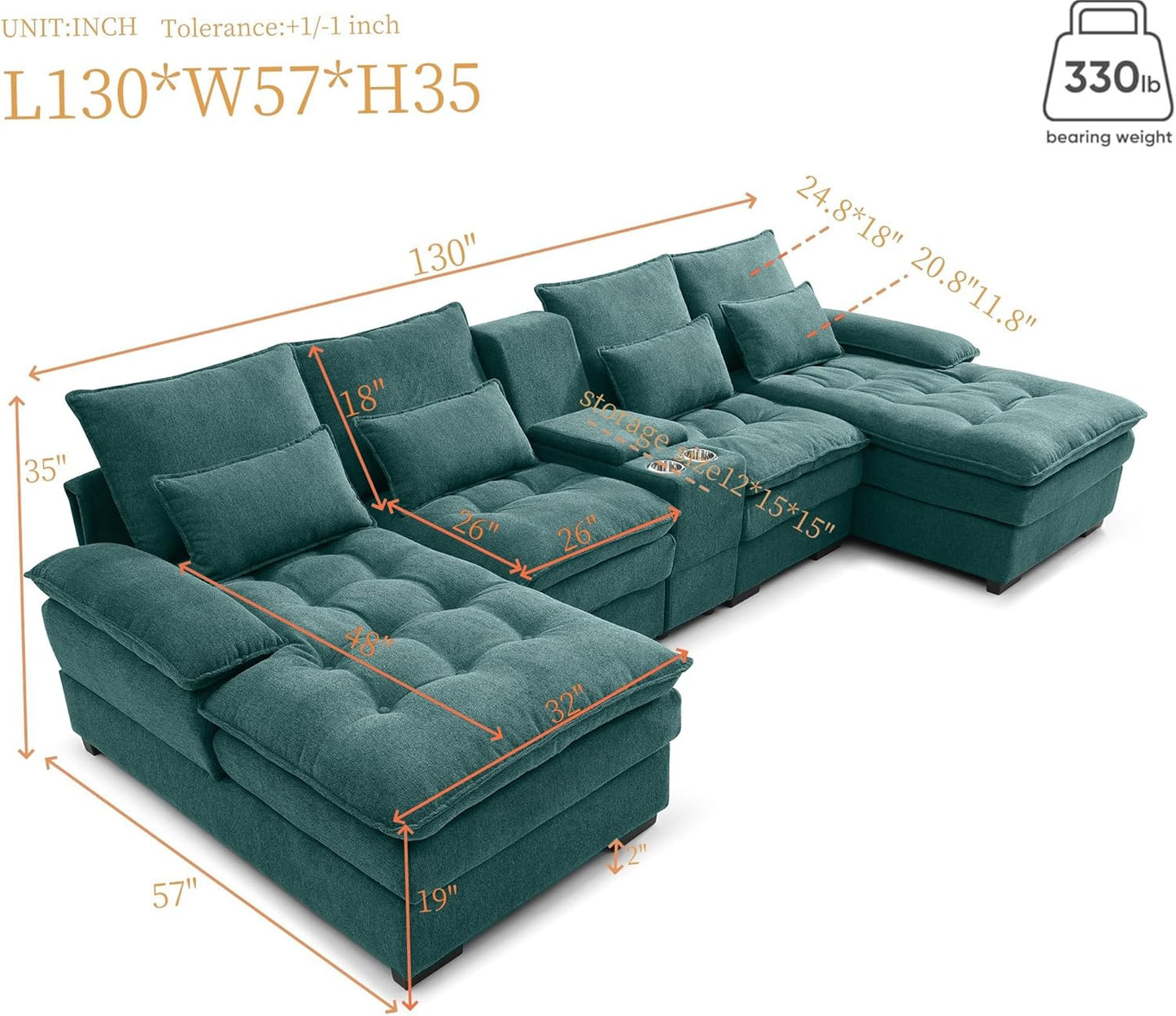 130" U-Shaped Sectional Sofa with Storage Console & Cup Holders, Upholstered 6 Seat Living Room Sleeper Couch Furniture Set w/Chaise, Cloud Cushion Couch for Home, Office, Apartment,Green