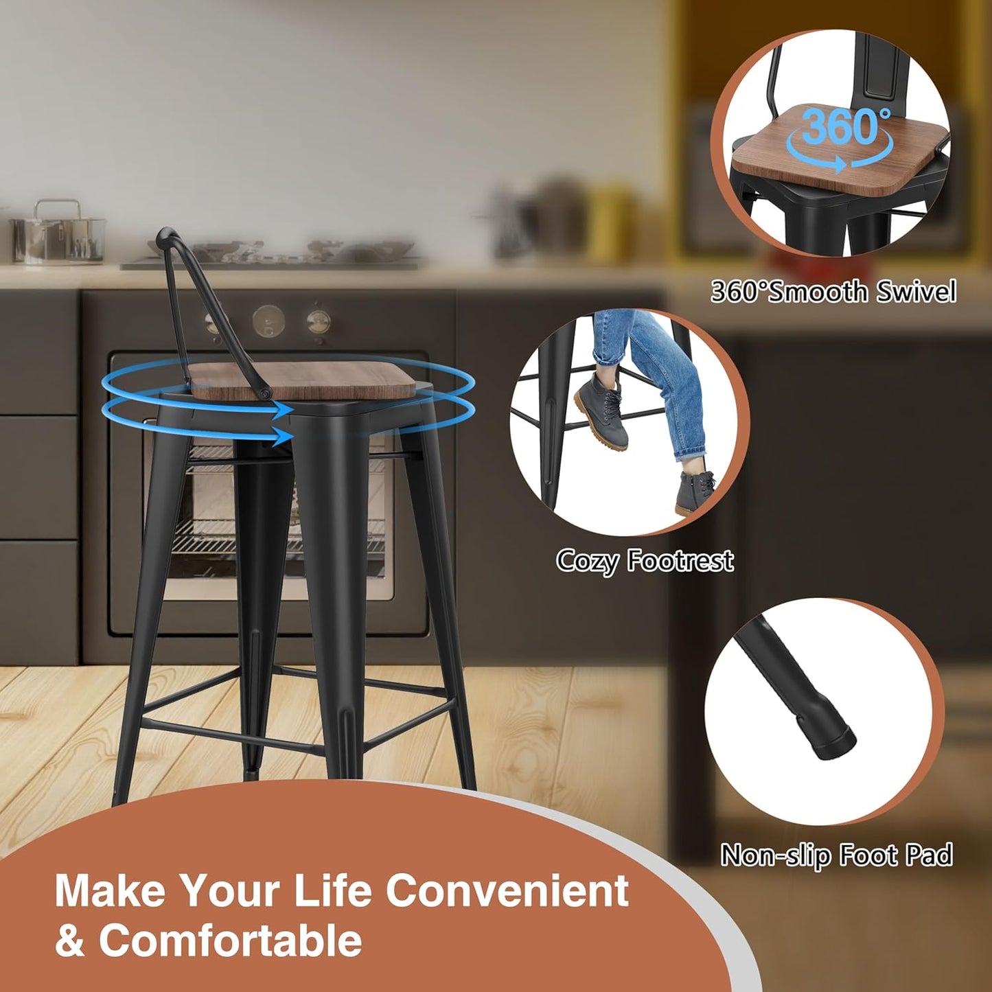 24 Inch Swivel Bar Stools Set of 2 with Backs Counter Height Industrial Metal Barstools Island Bar Chairs for Home Kitchen Dining Room (Swivel 24 inch,Matte Black Wooden)
