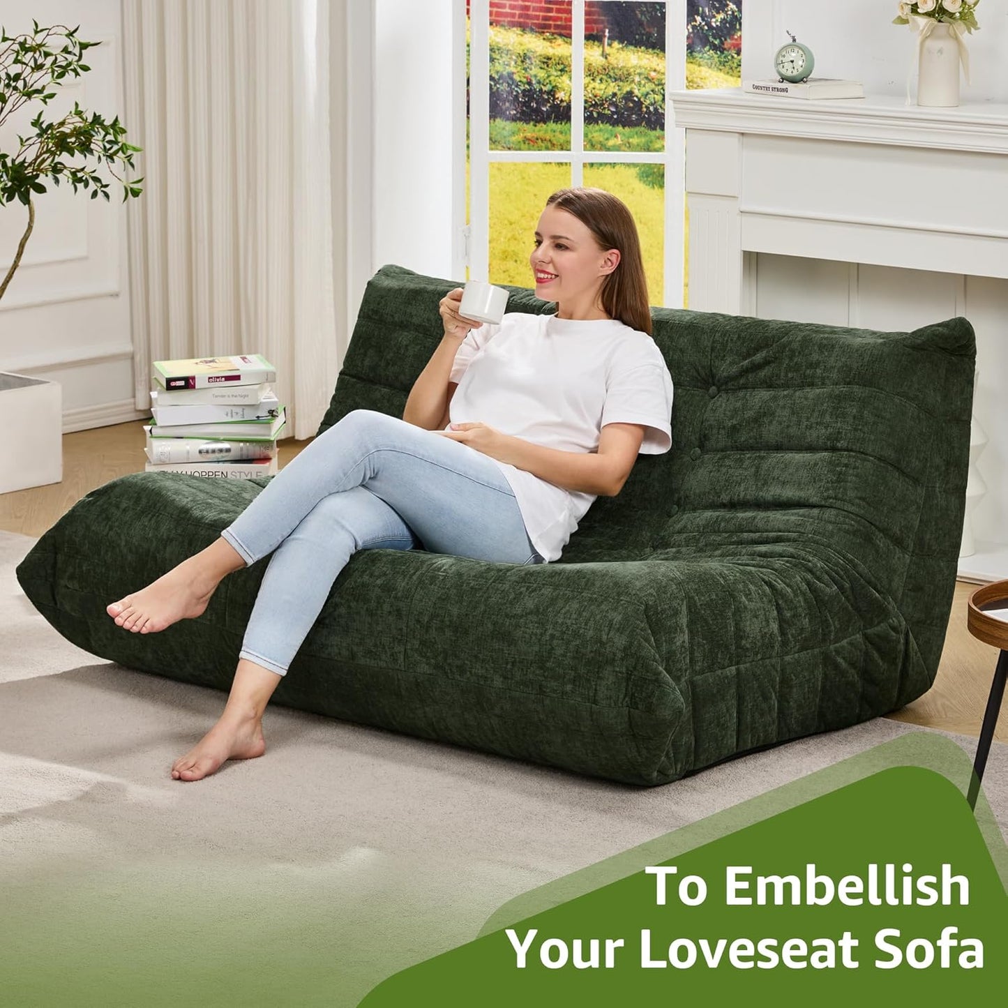 Hobestluk Bean Bag Chair Giant Bean Bag Sofa 2 Seater Bean Bag Chairs for Adults, Loveseat Floor Chair, Bean Bag Chairs for Living Room Bedroom Dorm Office (Green Chenille, Loveseat)