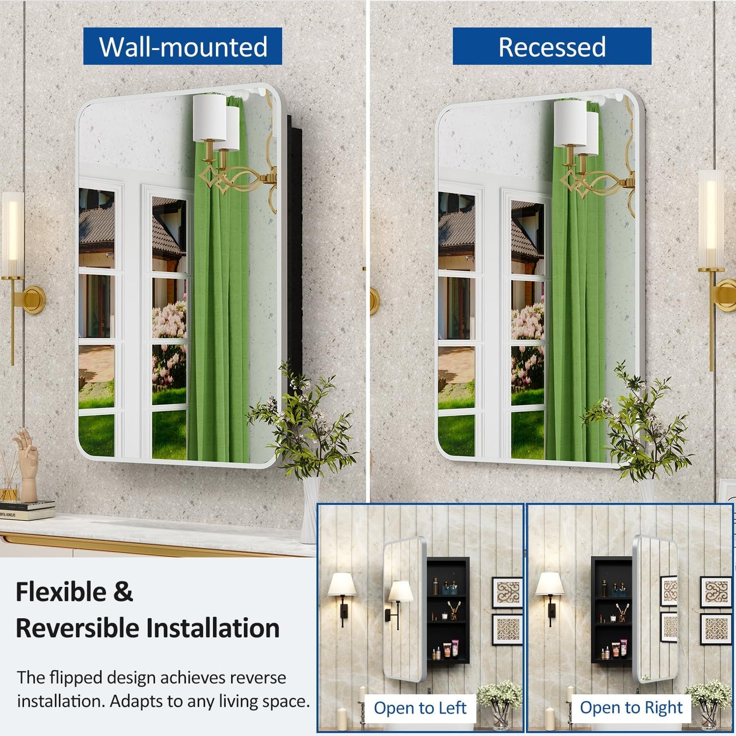 20x28 Inch Brushed Silver Recessed Medicine Cabinet with Mirror Metal Framed Surface Wall Mounted Bathroom Medicine Cabinet Mirror with Storage