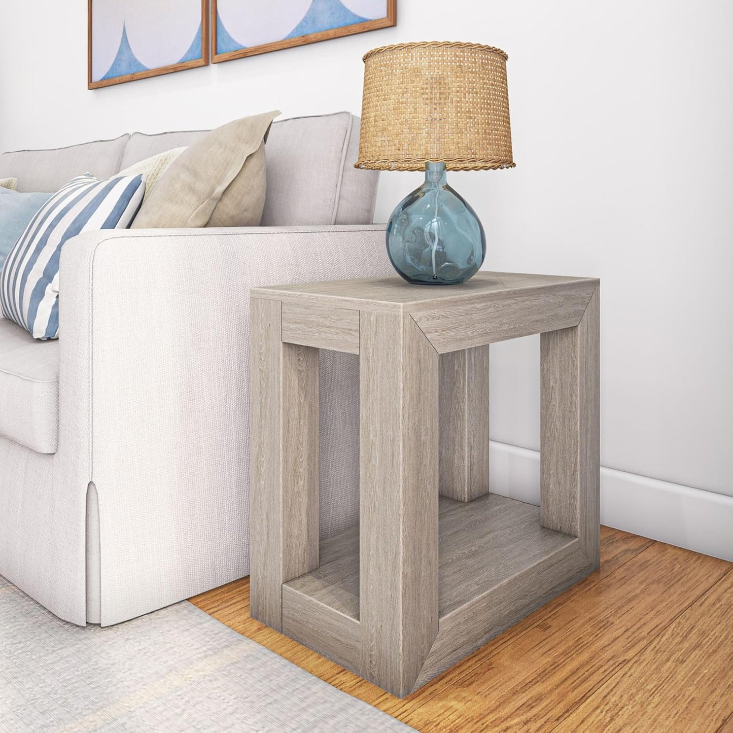 Plank+Beam Modern Rectangular Side Table with Shelf, 25", Solid Wood Narrow End Table for Living Room with Storage, Compact Bedside Table for Small Spaces, Seashell Wirebrush
