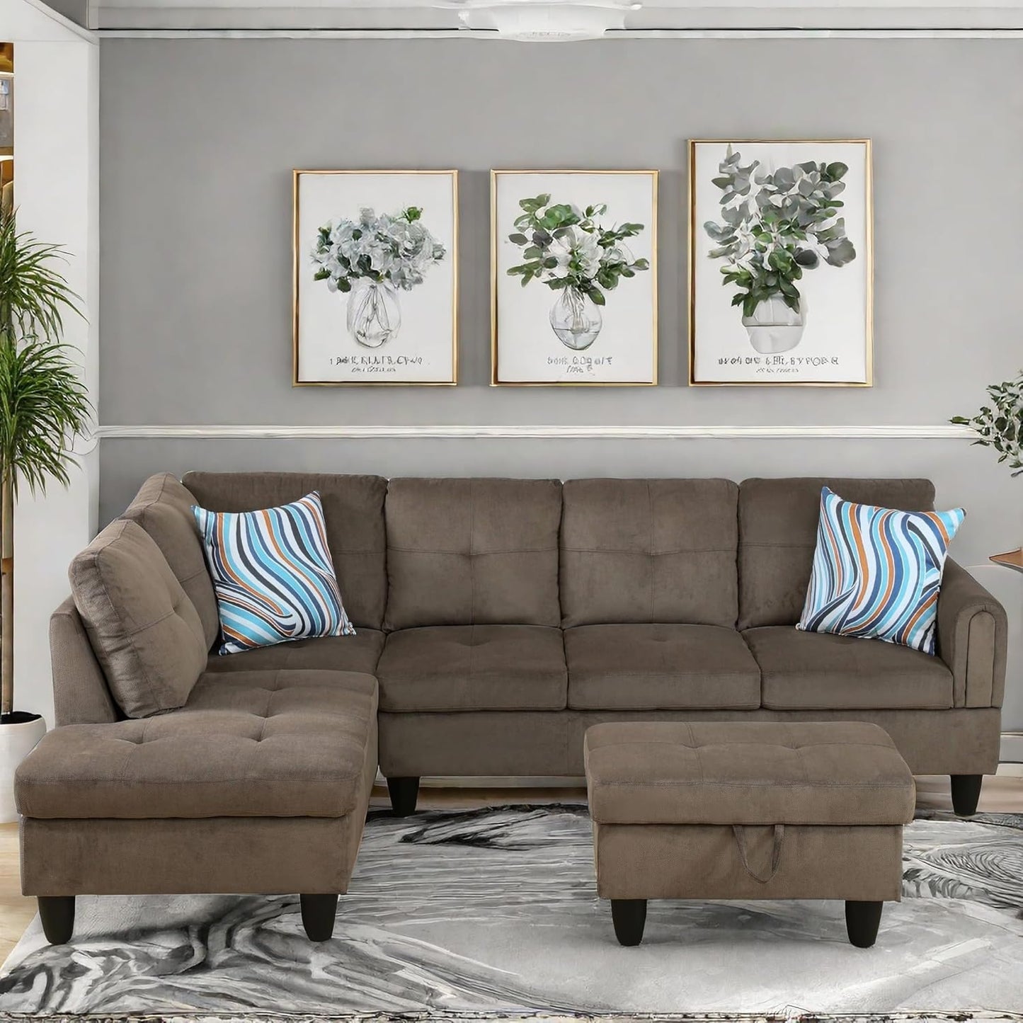 Convertible Sectional Couch, Large L Shaped Couch with Storage, Modern Modular 5-Seat Sectional Sofa with Ottomans for Living Room and Office, Brown