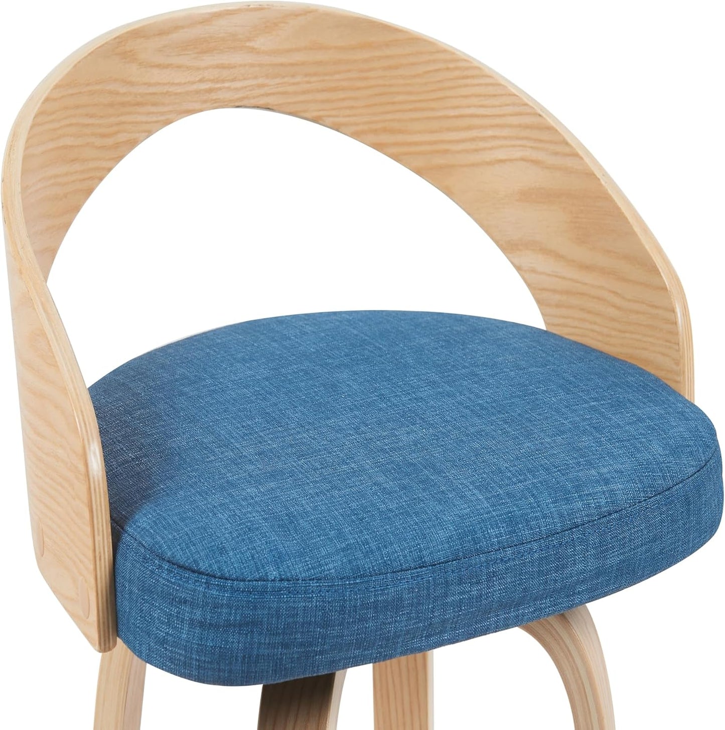 Sonia Modern Swivel Counter Height Bar Stool with Blue Upholstered Seat and Patterned Oak Wood Finish Set of 2