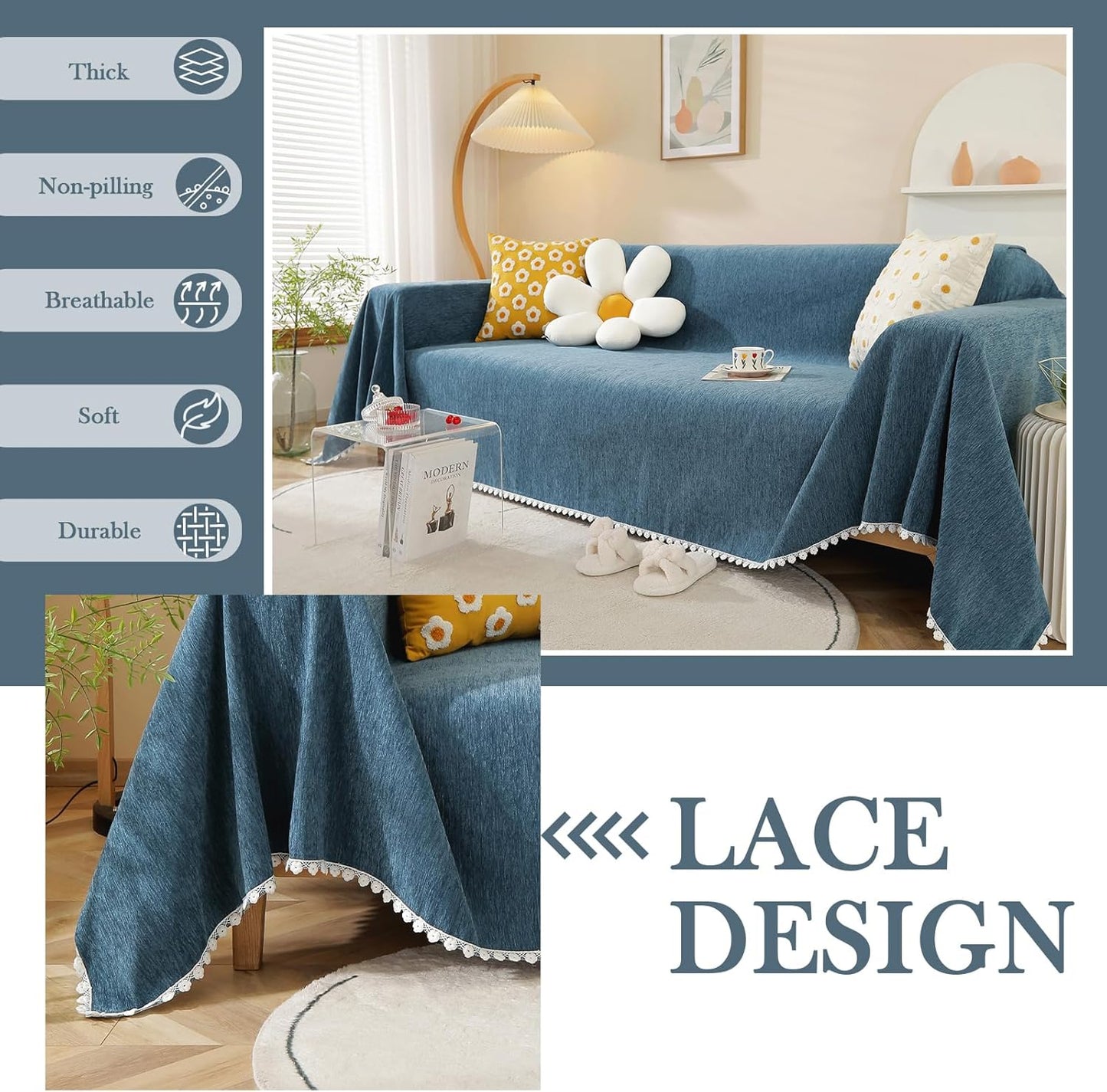 HANDONTIME Navy Blue Sectional Couch Covers, 3 Cushion Couch Chenille Cover with Lace Pattern for Dogs Kids, Fitted, Easy, 71" x 134"