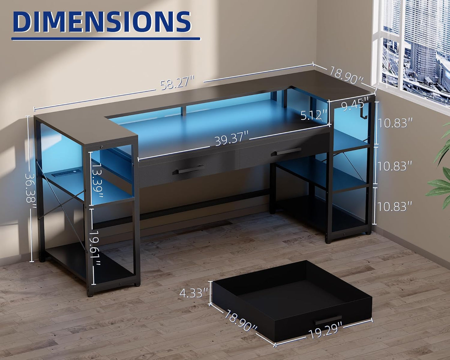 Pamray 58 Inch Computer Desk with Monitor Stand and Shelves Gaming Desk with LED Lights & Power Outlets PC Vanity Table with 2 Drawers for Home Office Pink