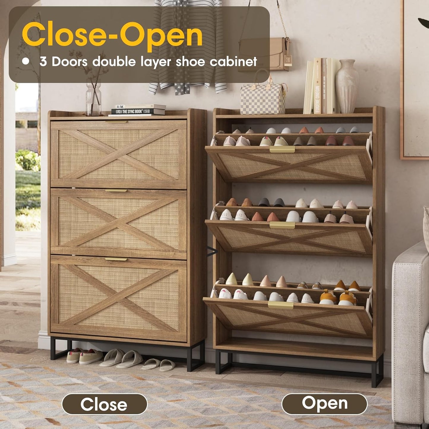 Maupvit Shoe Storage Cabinet with 3 Rattan Flip Drawers, Freestanding Organizer with Metal Legs for Entryway, Narrow Shoe Rack Cabinet, Hidden Golden Handles, Rustic Oak Rattan