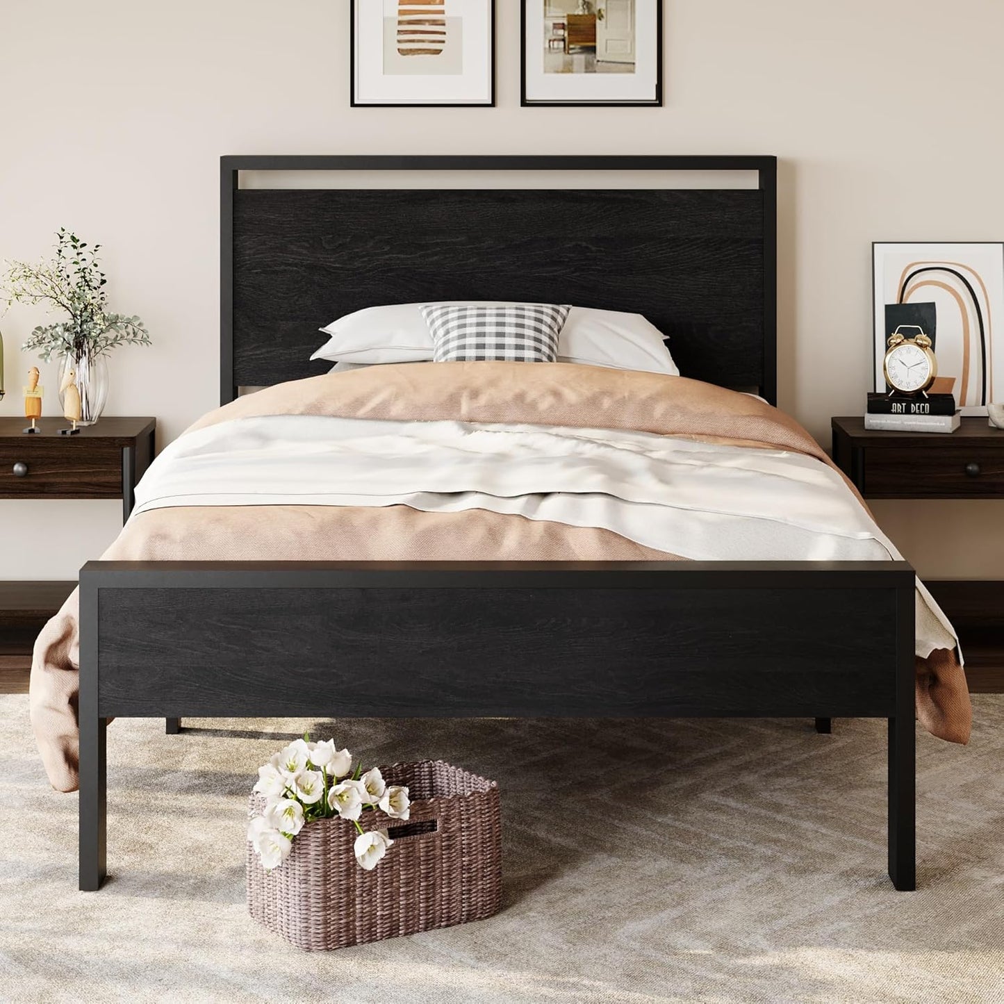 SHA CERLIN 14 Inch Twin Size Metal Platform Bed Frame with Wooden Headboard and Footboard, Mattress Foundation, No Box Spring Needed, Large Under Bed Storage, Heavy Duty Slats Support, Black Oak