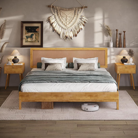 Nipe Platform Bed Frame with Headboard Size King - Light Natural - Solid Rubber