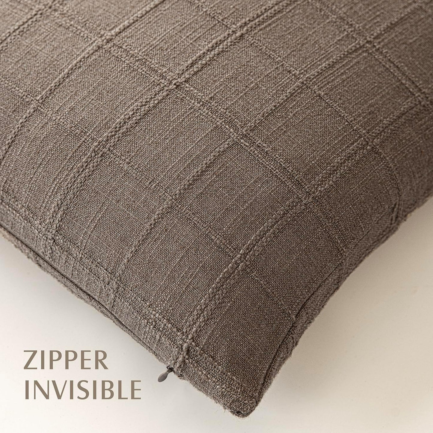 Foindtower Set of 2 Decorative Linen Check Throw Pillow Covers Neutral Farmhouse Vintage Cushion Covers Modern Boho Home Decor for Sofa Chair Couch Bedroom Living Room Outdoor,20×20 Inch,Taupe Grey