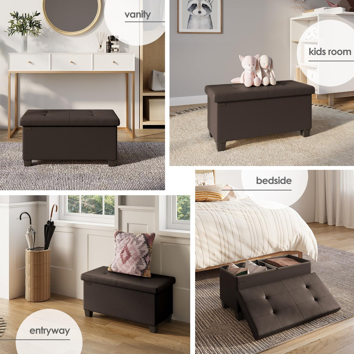 STORAGEBUD Storage Ottoman Bench with Bins, 30-in Storage Bench for Bedroom End of Bed, Folding Foot Rest Ottoman for Living Room Max 660lbs, Faux Leather Ottomans, Brown