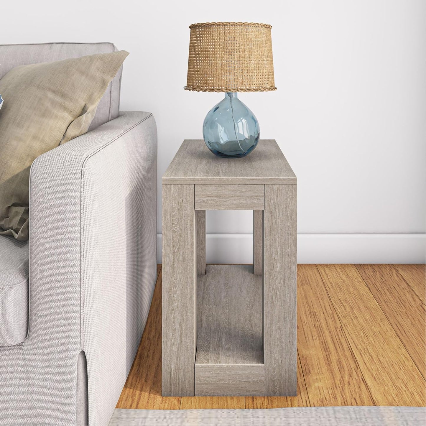 Plank+Beam Modern Rectangular Side Table with Shelf, 25", Solid Wood Narrow End Table for Living Room with Storage, Compact Bedside Table for Small Spaces, Seashell Wirebrush