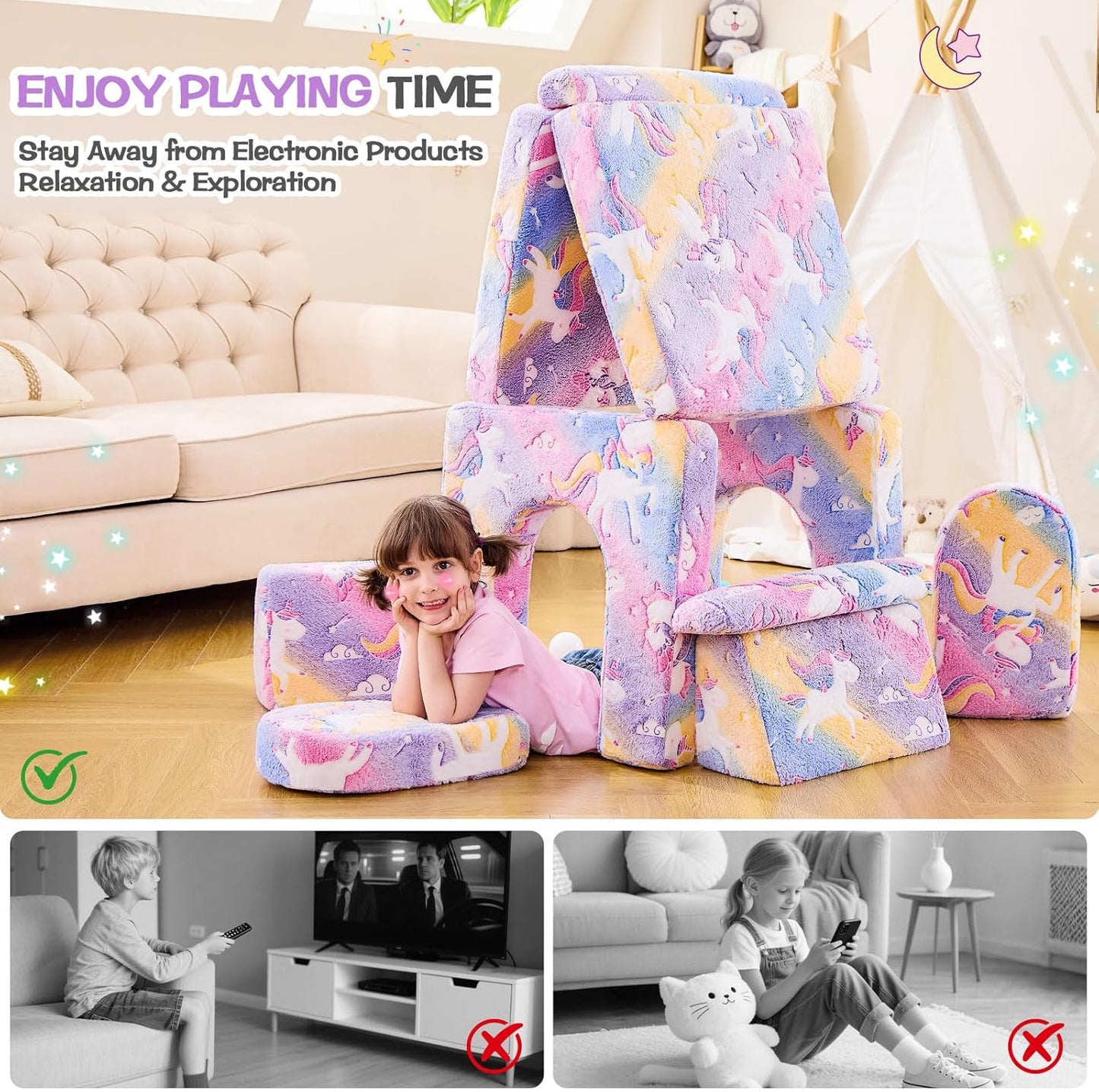 IFNOW Modular Kids Play Couch,Toddler Couch Kids Sofa,Child Sectional Sofa,Bedroom and Playroom Furniture for Toddlers,Convertible Foam and Floor Cushion for Boys and Girls,Glow in The Dark,Unicorn