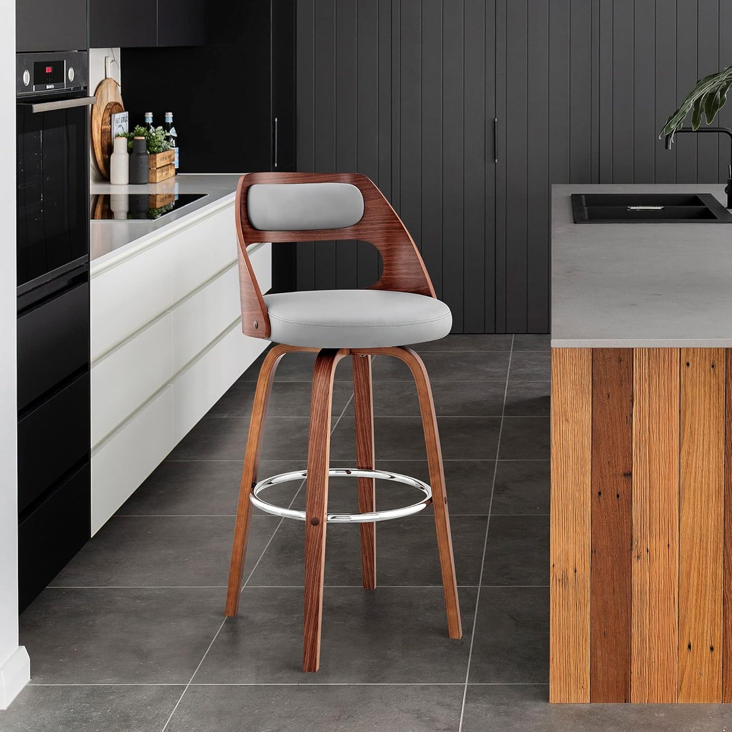 Armen Living Julius Mid Century Modern Swivel Bar Stool for Kitchen Island Counter in Gray Faux Leather and Walnut Wood, 26" Seat Height
