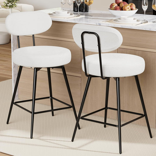 HOMMPA Counter Height Swivel Bar Stools Set of 2 Boucle Barstools 26'' Upholstered Modern Counter Barstools with Back Metal Legs Bar Stools Chairs for Kitchen Counter Island White