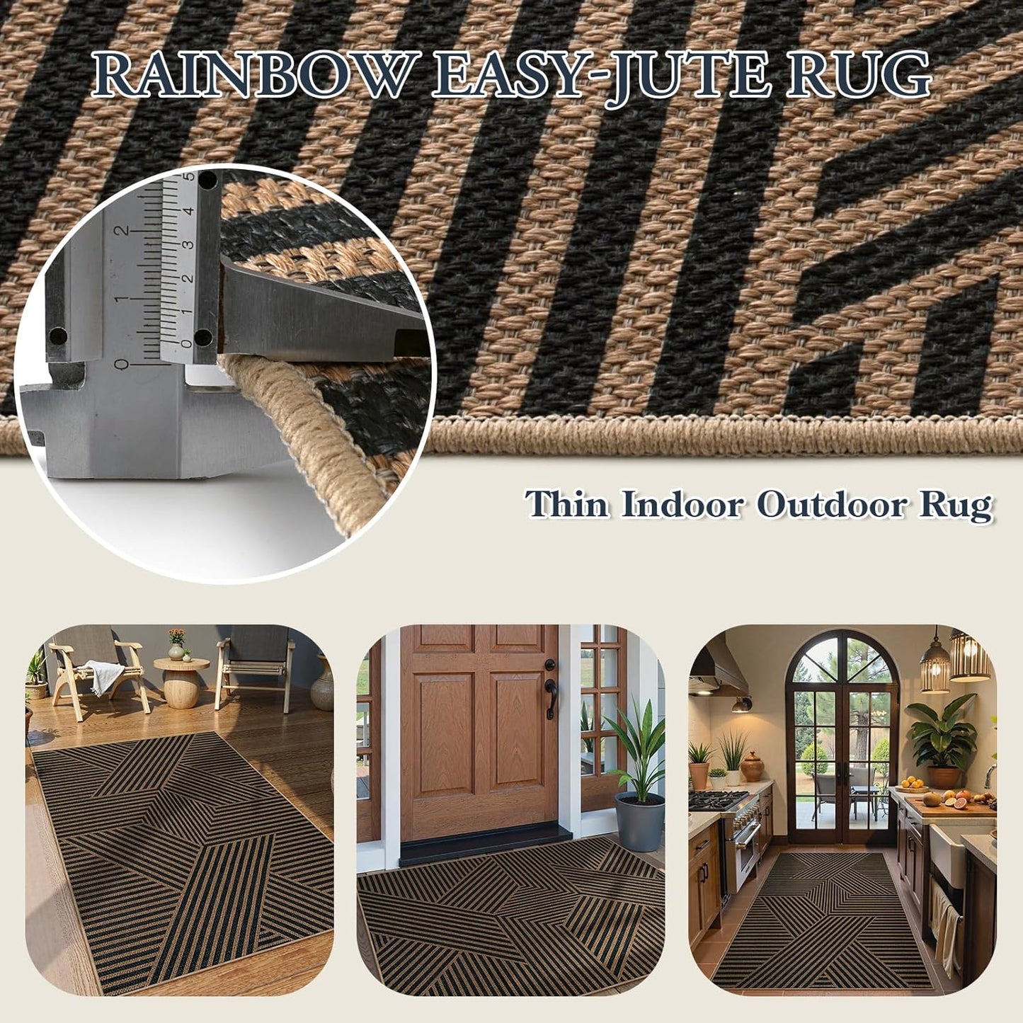 Lahome Modern Geometric Outdoor Easy Jute Rug, 3x5 Indoor Outdoor Rugs for Living Room Black Entryway Carpet, Farmhouse Washable Non Slip Carpet for Patio Courtyard Bedroom