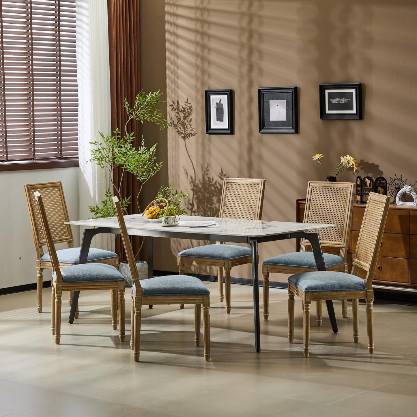 Merax Upholstered Solid Wood Dining Chairs Set of 6, French Country Style Accent Side Seating Furniture for Kitchen, Living Room, Wicker Back, Slate Blue