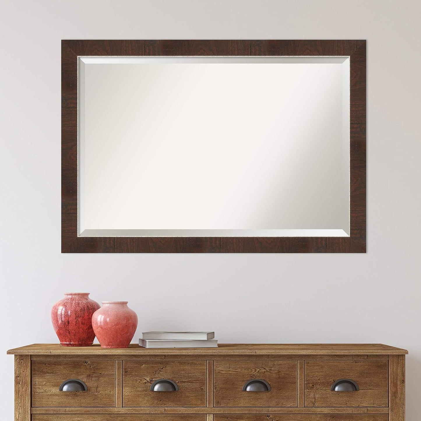Amanti Art Brown Bathroom Mirror for Over Sink, 27x39 Wildwood Brown Narrow Rectangle Vanity Mirror, Large Rustic Farmhouse Frame, Hangs Horizonally and Vertically, Bathroom Wall Decor, Beveled Edge