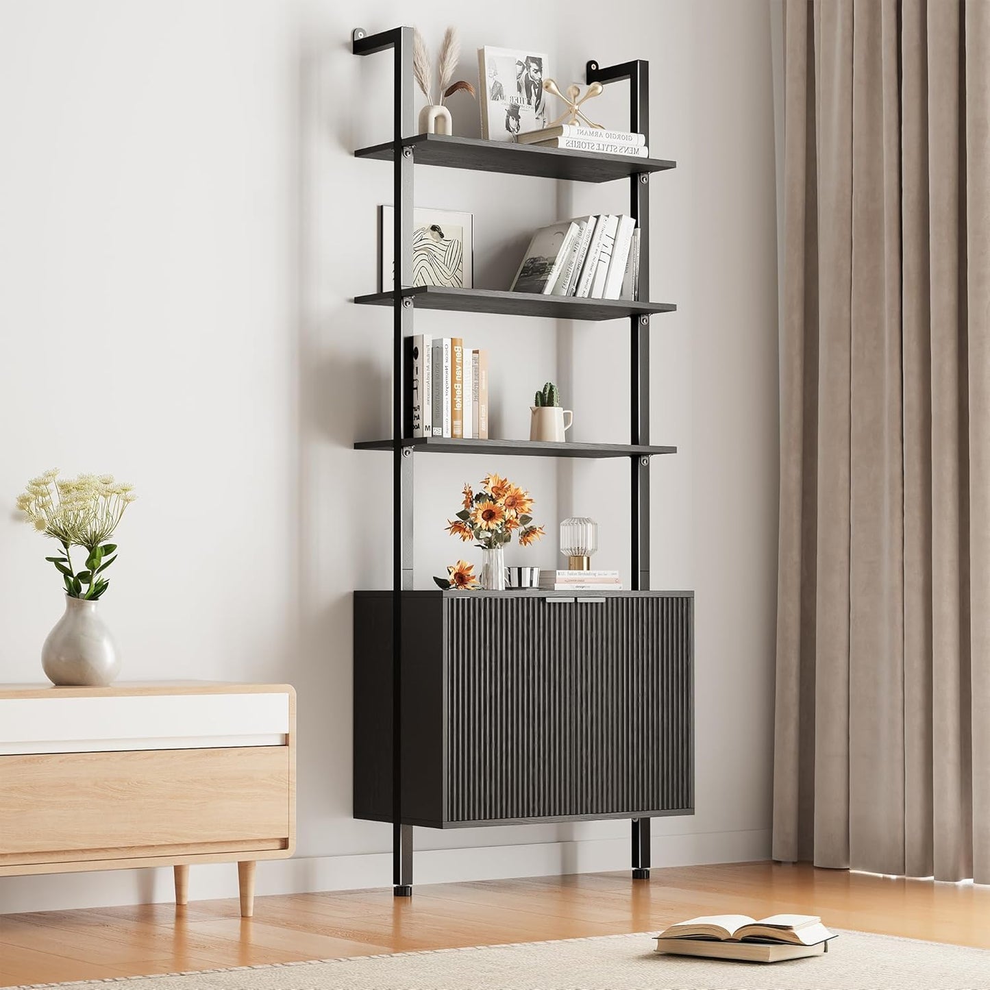 74" Tall Bookshelf with Storage Cabinet, Modern Ladder Shelf with Wood and Metal Frame, Wall Mount Bookcase Open Display Shelf Furniture for Living Room, Bedroom, Home Office，Black