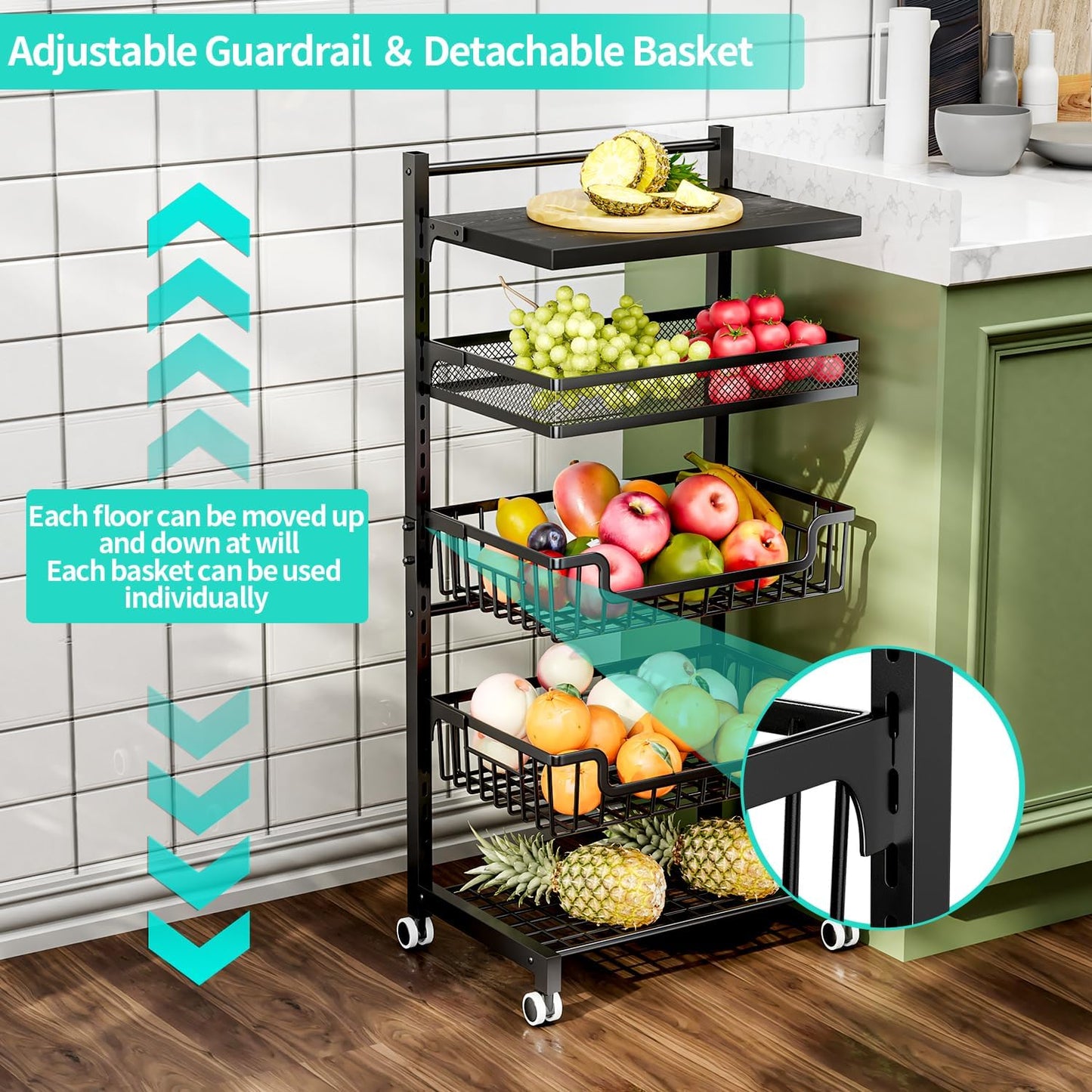 HapiRm Fruit Basket Kitchen Cart - 5 Tier Adjustable Vegetable Storage Rack, Large Capacity Rolling Kitchen Carts on Wheels for Snack Onion and Potato Storage