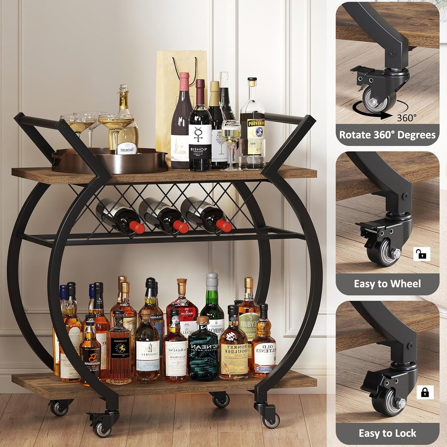 LVB Industrial Kitchen Bar Cart, Farmhouse Beverage Serving Liquor Cart with Wheels, Wood and Metal Rolling Wine Cart with Storage Shelf, Microwave Drink Cart for Home Living Dining Room, Rustic Brown