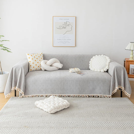 HANDONTIME Grey Sofa Cover for Couch Boho Couch Cover for 3 Seat Dog Couch Cover Love Seat Couch Covers Light Grey Sofa Sectional Cover 71" X118" Tassel Chenille Herringbone Sofa Covers Washable