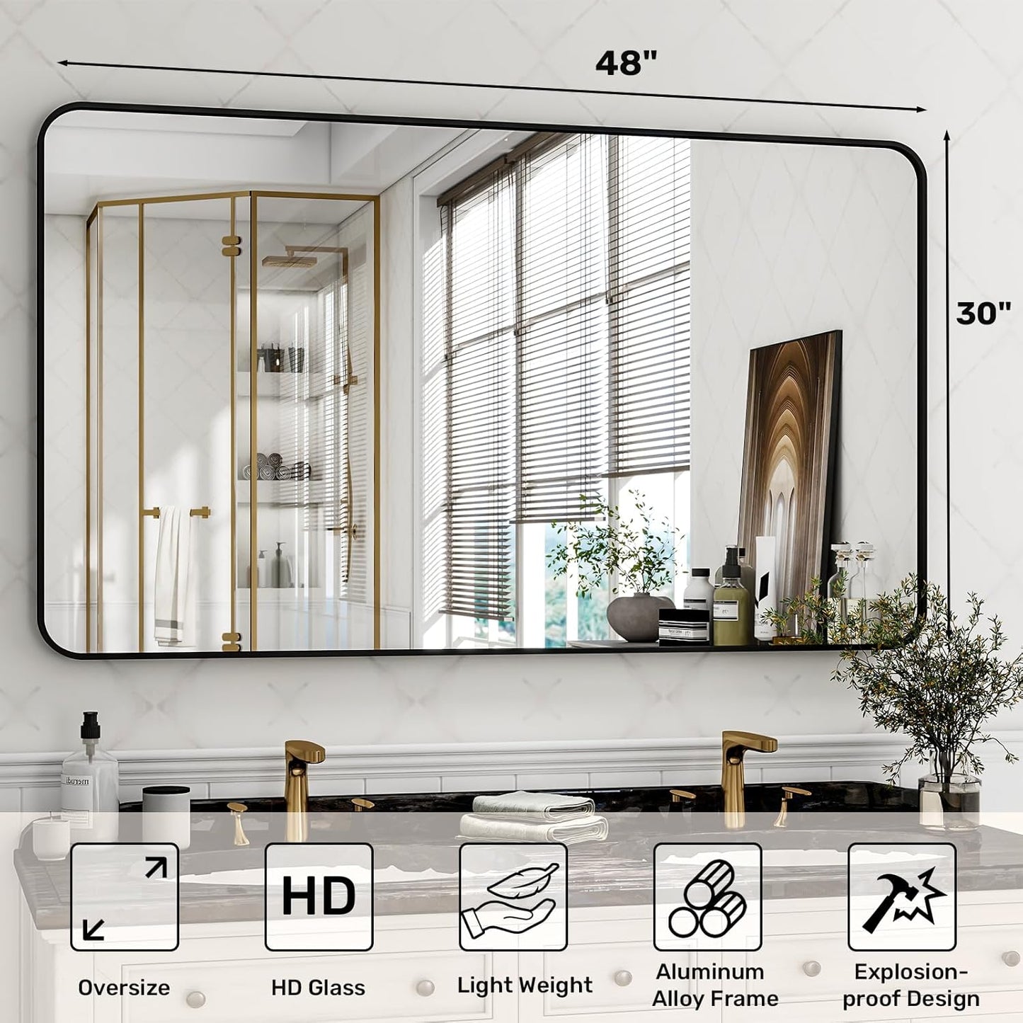 30 x 48 Inch Bathroom Mirror, Rounded Rectangular Vanity Mirror for Wall, Modern Mirror for Room Decor, Black Framed Wall-Mounted Mirrors for Home Decor, Hangs Horizontally or Vertically