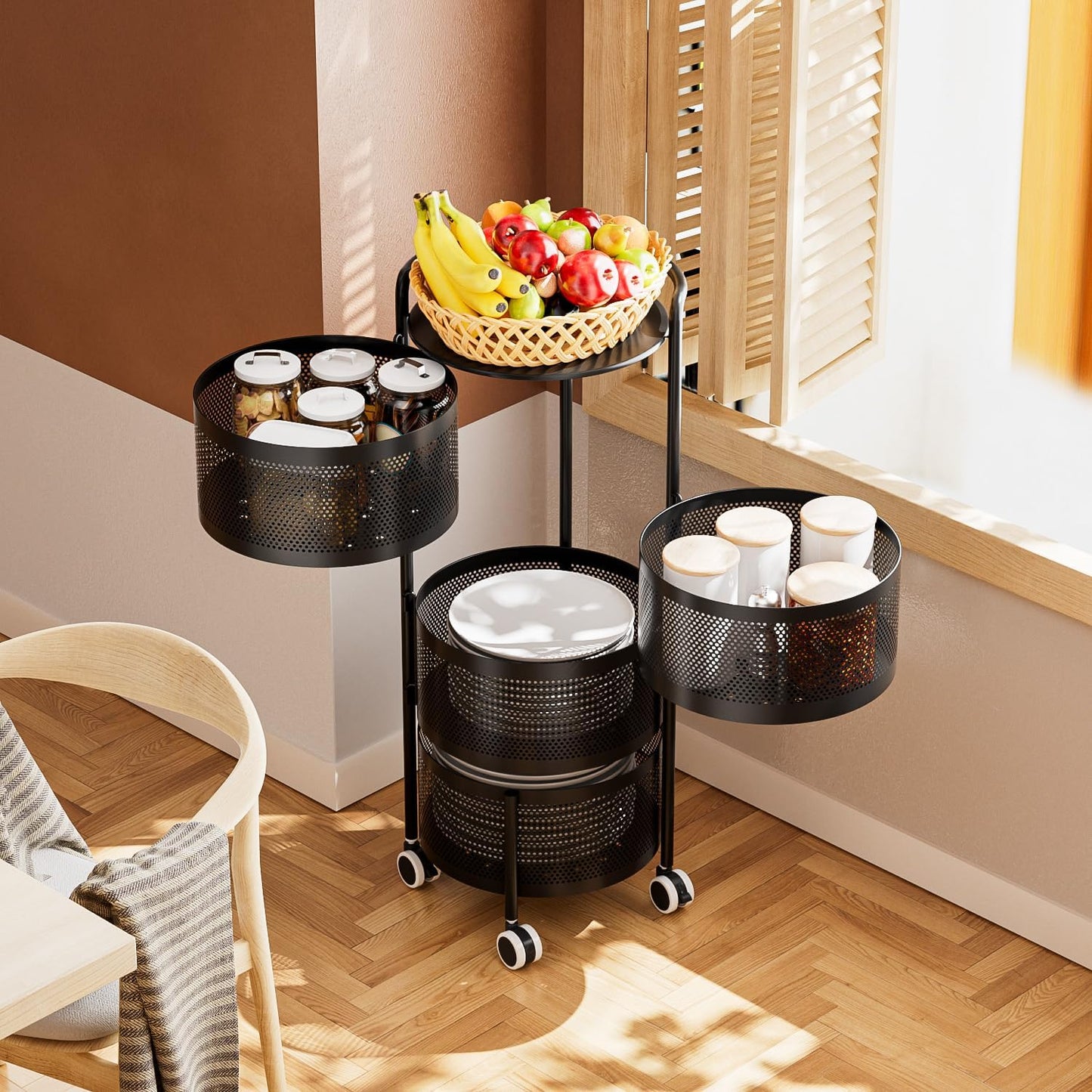 Kitchen Storage Rack No Assembly, 4-Tier Metal Storage Tower Cart Organizer on Rolling Wheels with Removal Basket for Fruit Vegetable Grocery Corns Potato Onion,Fruteros Para Cocina (4-Tier, Black)
