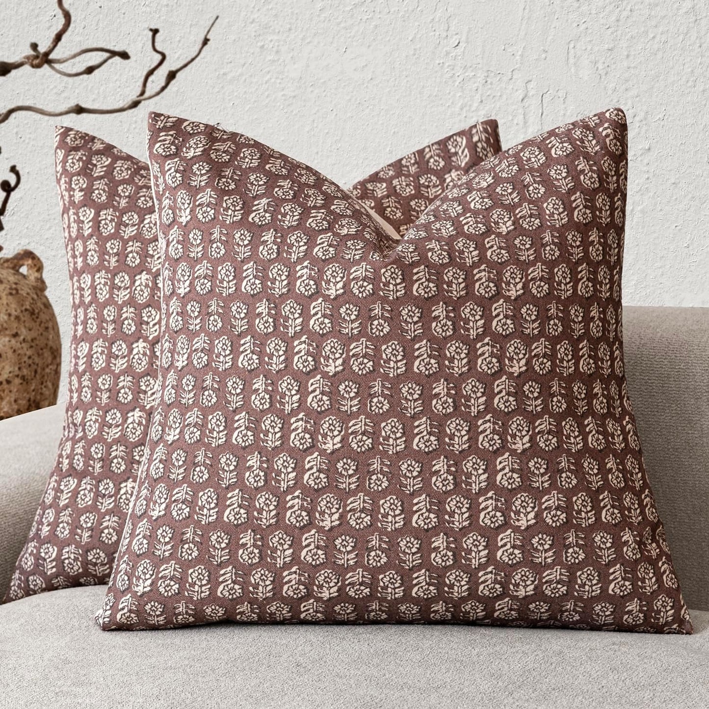 Foindtower Set of 2 Decorative Vintage Floral Print Throw Pillow Covers Neutral Modern Farmhouse Cushion Covers Boho Home Decor for Sofa Couch Chair Bedroom Living Room Outdoor,24×24 Inch,Wine Red